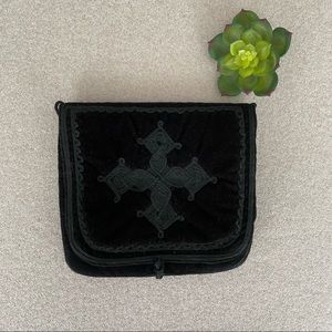 Black Velour Flap Crossbag with Embroidered Cross